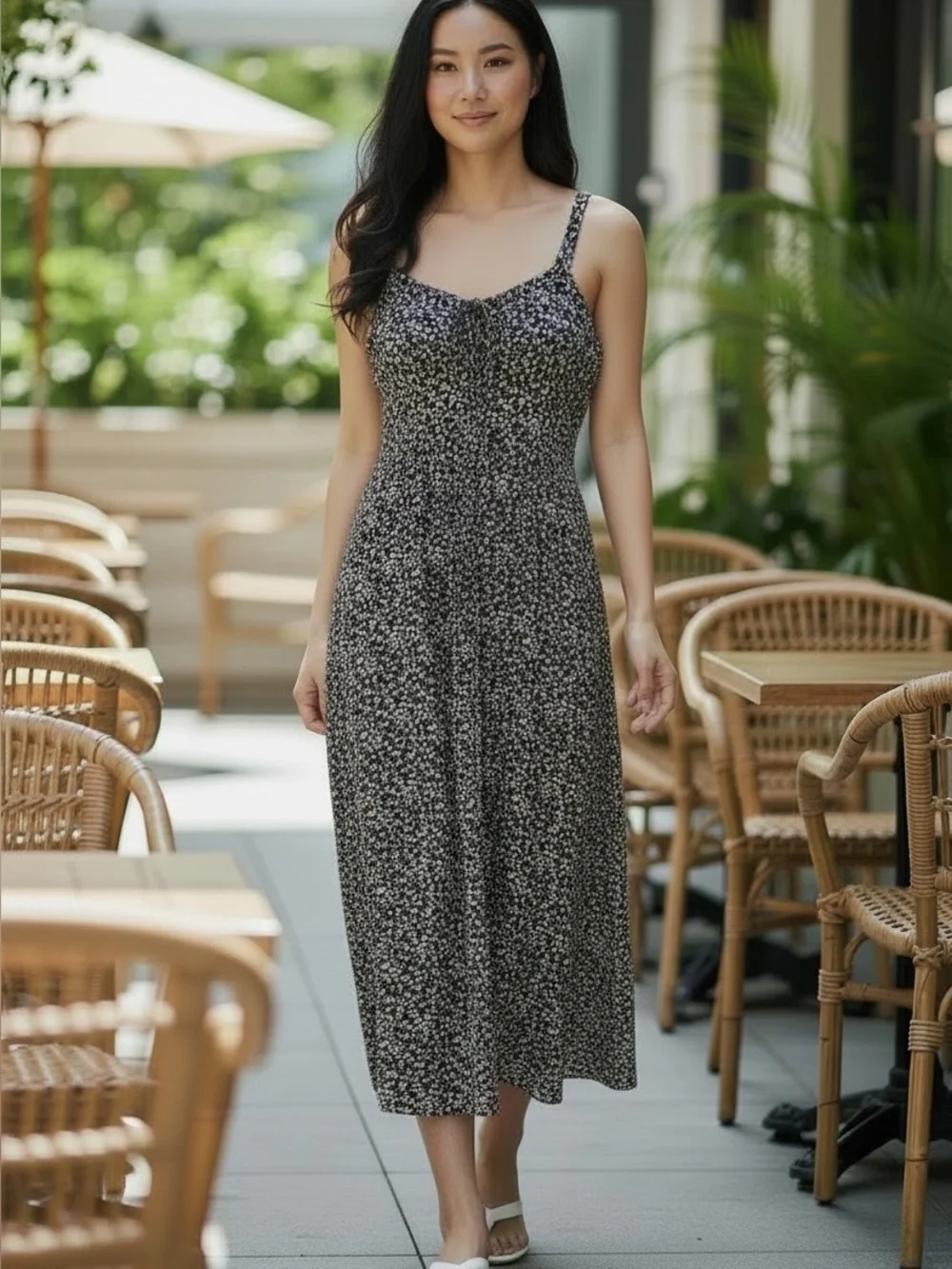 Midi Sundress (L) Group Alina Viscose Soft Stretch Pockets Black White Floral - Picture 16 of 16